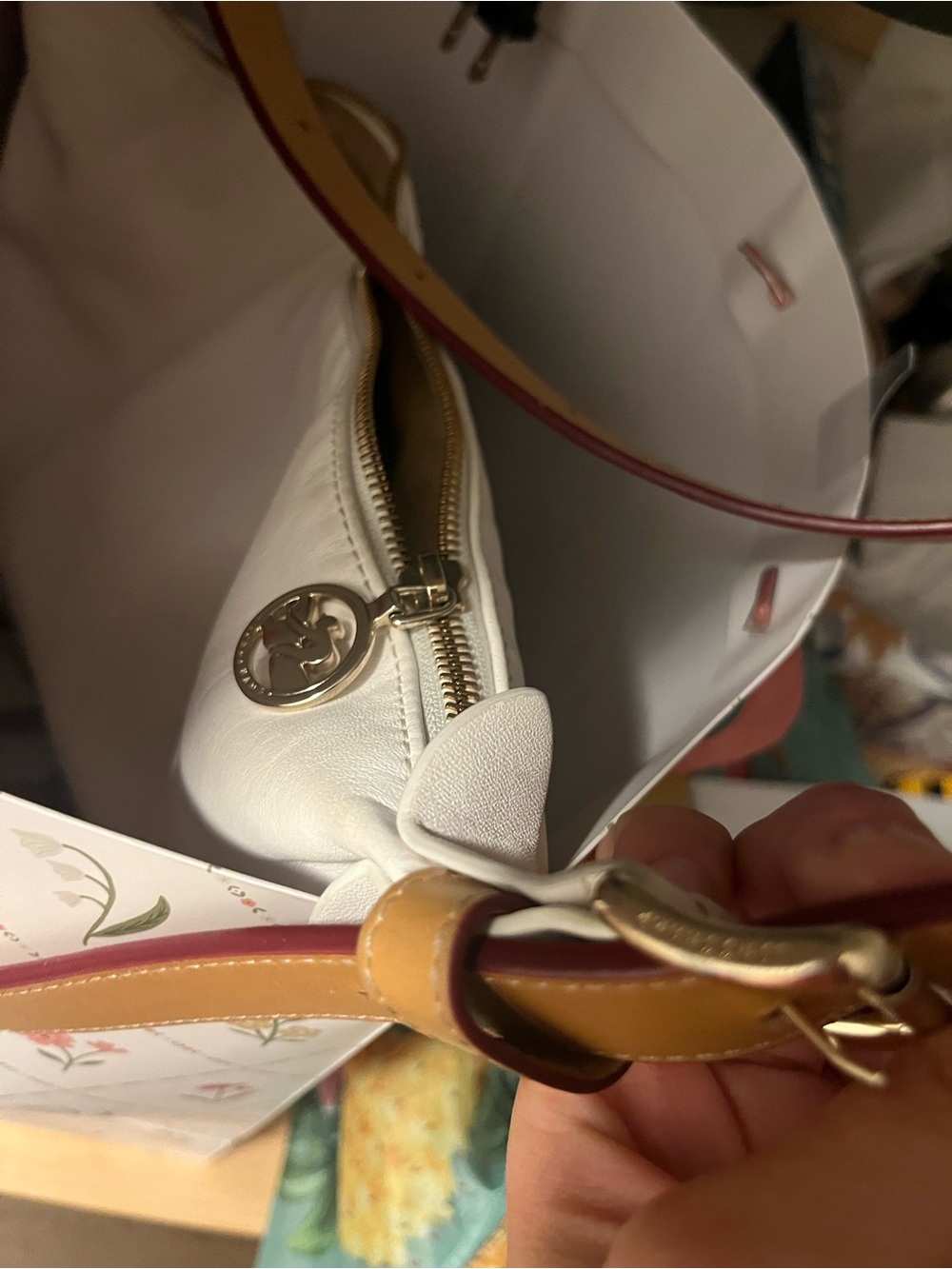 White Crescent Shoulder Bag with Tan Strap - Picture 4 of 11